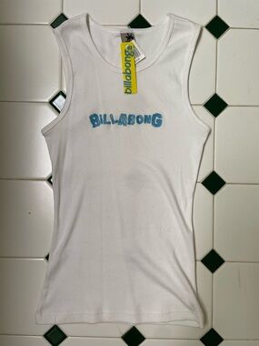 Vintage Billabong Women’s White Ribbed Tank with Blue Writing NWT